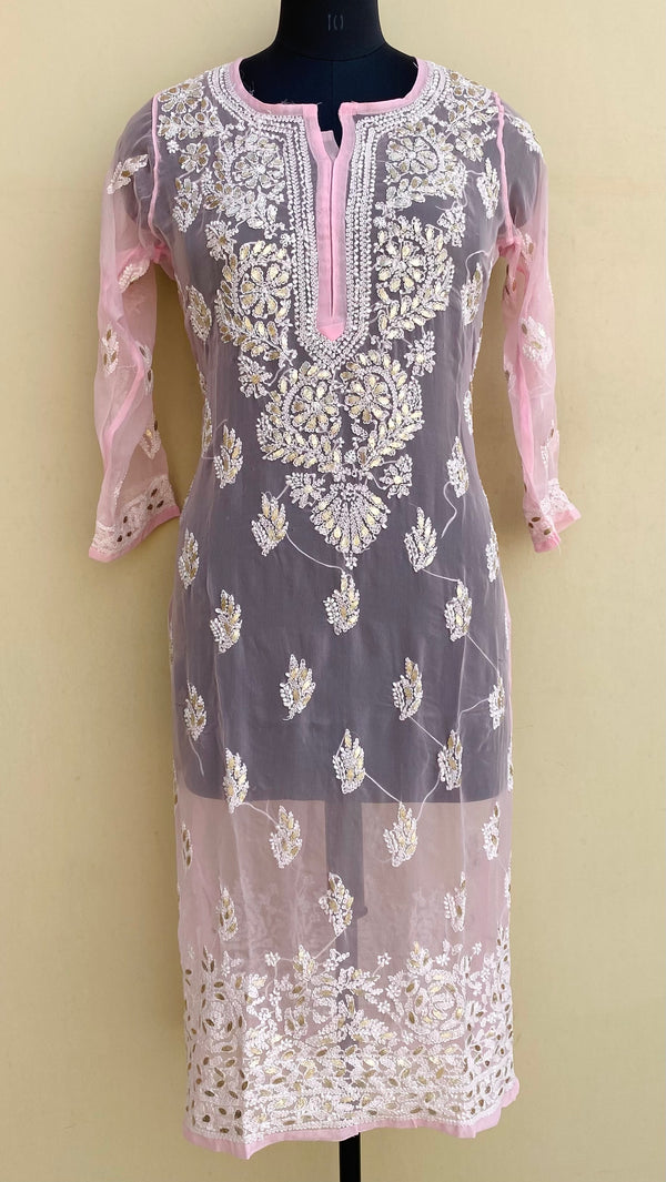 Lucknowi Chikankari Kurti Pink Georgette With Gotta Patti Work