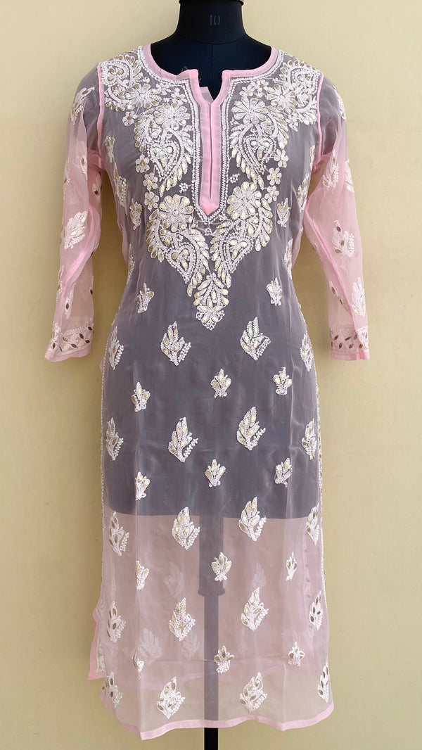 Lucknowi Chikankari Kurti Pink Georgette With Gotta Patti work