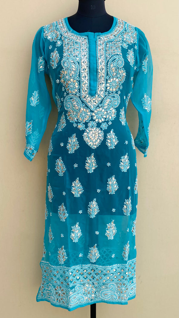 Lucknowi Chikankari Kurti Blue Georgette With Gotta Patti Work