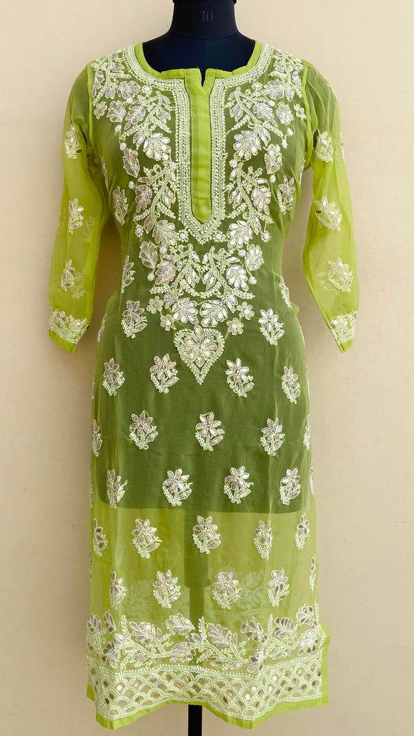 Lucknowi Chikankari Kurti Mehandi Green Georgette With Gotta Patti Work