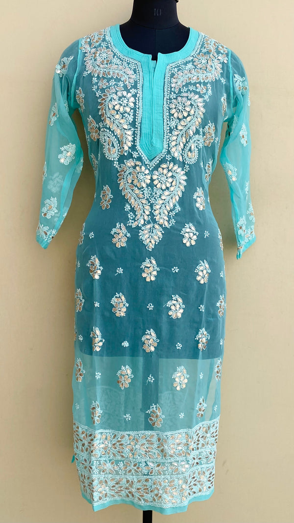 Lucknowi Chikankari Kurti Sea Green Georgette With Gotta Patti Work