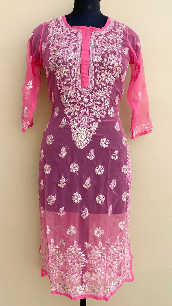 Lucknowi Chikankari Kurti Pink Georgette With Gotta Patti Work