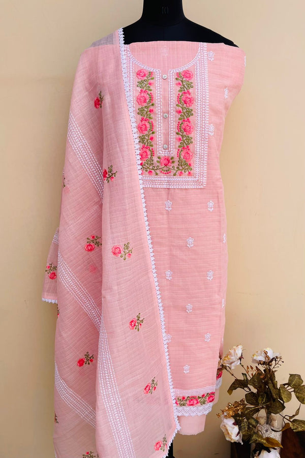 Chikankari Embroidered Suit Length 3 Piece Pink Linen Cotton With Parsi Work