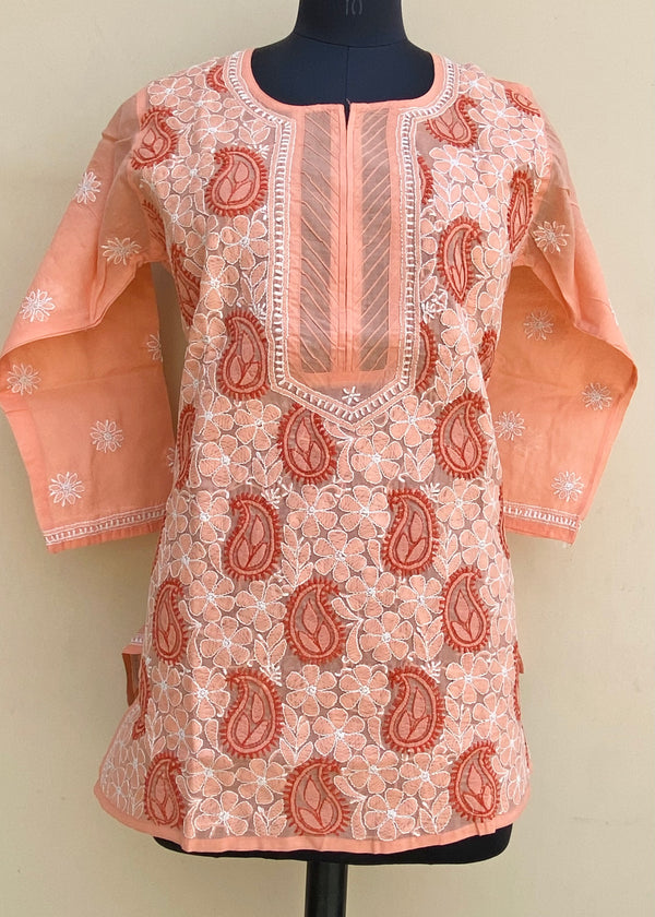 Lucknowi Chikankari Short Kurti Peach Cotton