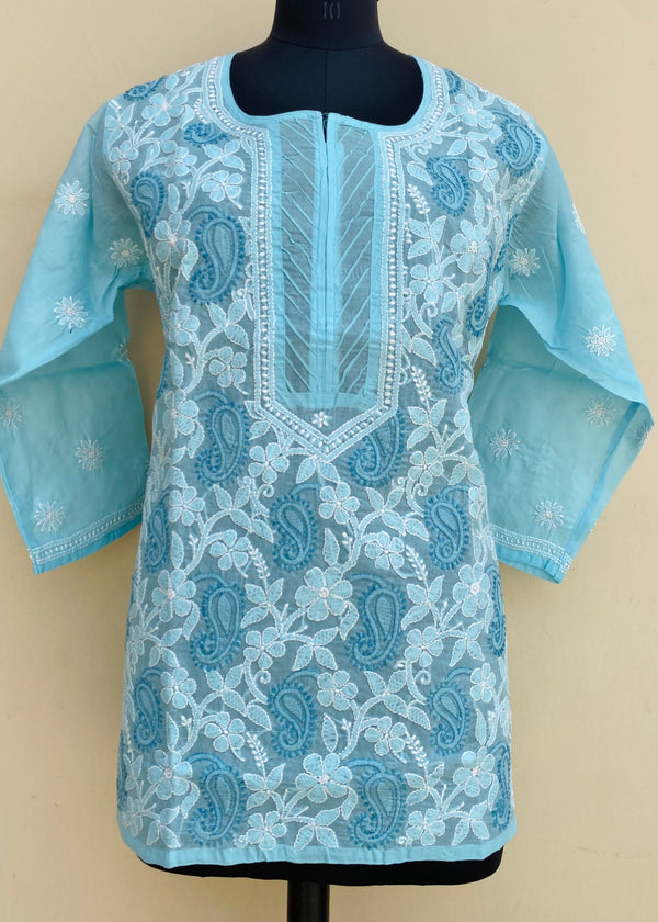 Lucknowi Chikankari Short Kurti Blue Cotton