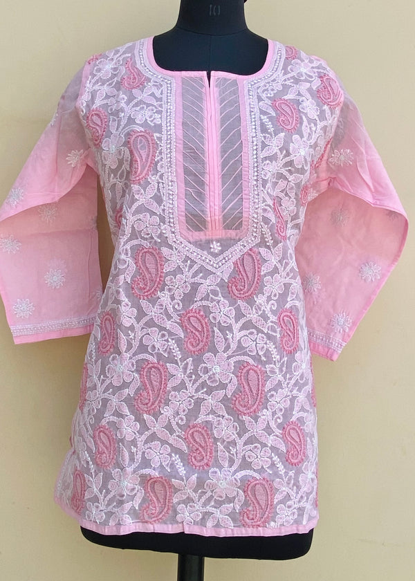 Lucknowi Chikankari Short Kurti Pink Cotton