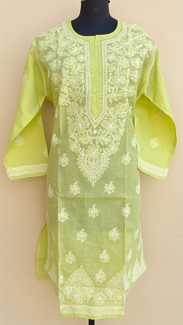 Lucknowi Chikankari Kurti Parrot Green Cotton