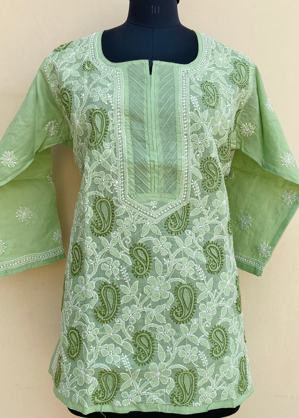 Lucknowi Chikankari Short Kurti Pista Green Cotton