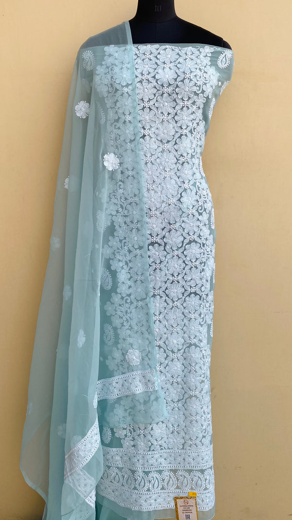 Lucknowi Chikankari Suit Length 3 Piece Teal Green Georgette