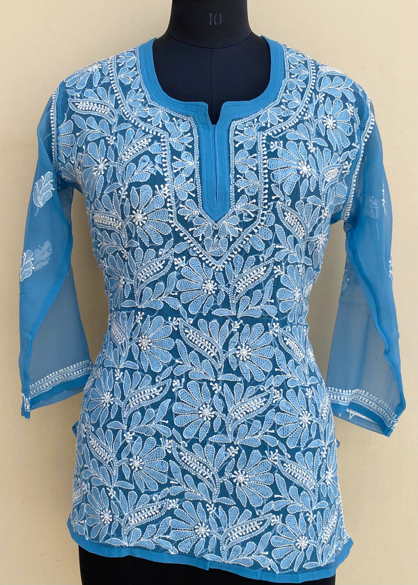 Lucknowi Chikankari Short Kurti Blue Georgette