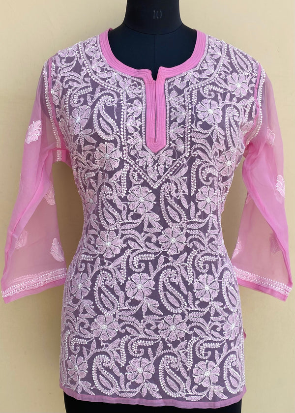 Lucknowi Chikankari Short Kurti Pink Georgette