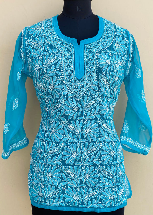 Lucknowi Chikankari Short Kurti Blue Georgette