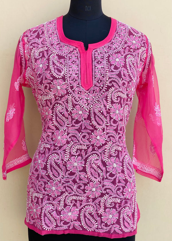 Lucknowi Chikankari Short Kurti Pink Georgette