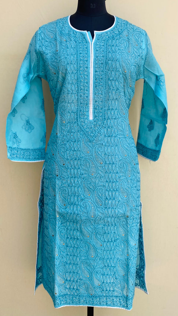 Lucknowi Chikankari Kurti Blue Cotton With Mukaish Work