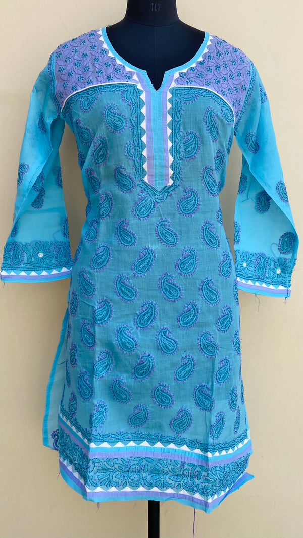 Lucknowi Chikankari Kurti Blue Cotton With Applique Work