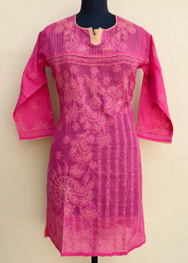 Lucknowi Chikankari Short Kurti Pink Cotton