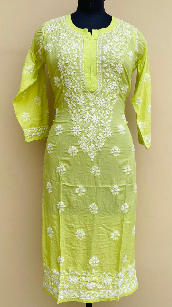 Lucknowi Chikankari Kurti Parrot Green Modal Cotton