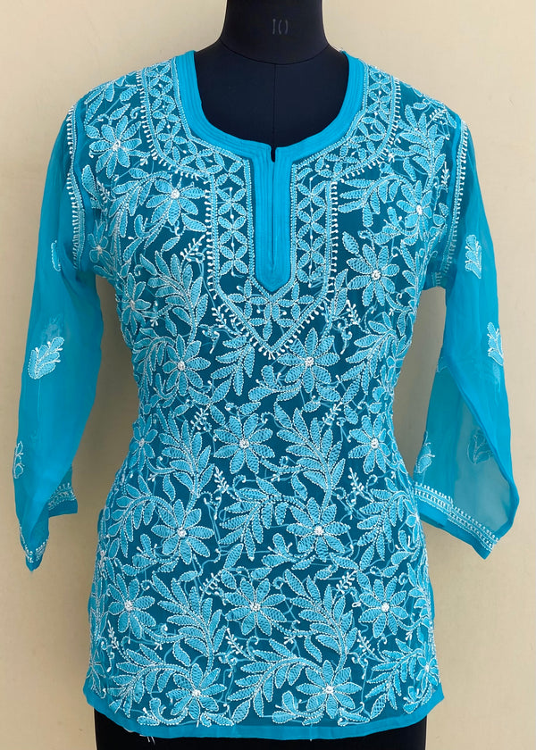 Lucknowi Chikankari Short Kurti Blue Georgette