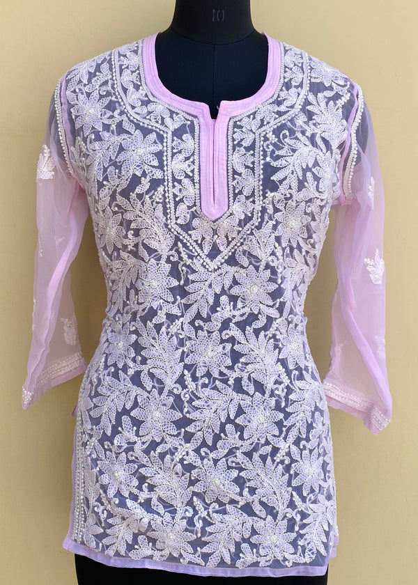 Lucknowi Chikankari Short Kurti Pink Georgette