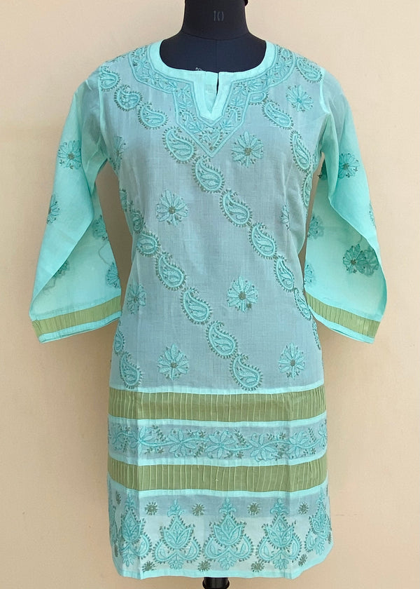 Lucknowi Chikankari Short Kurti Sea Green Cotton