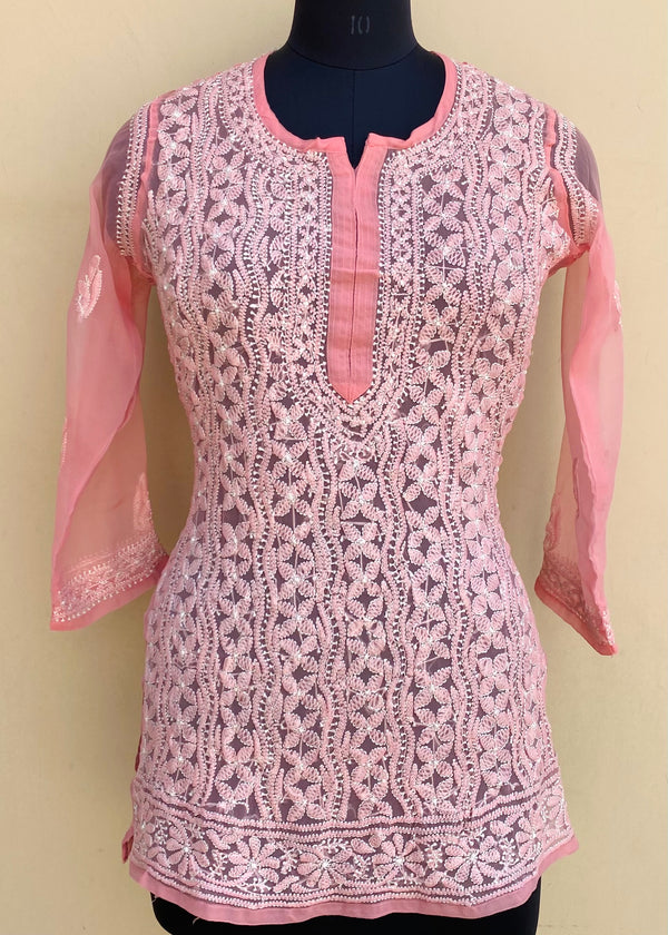 Lucknowi Chikankari Short Kurti Peach Georgette With Resham Work