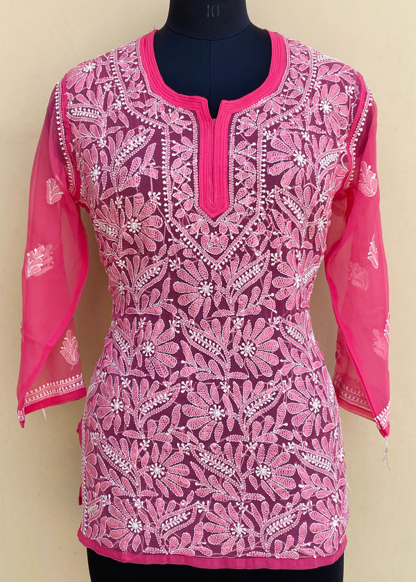 Lucknowi Chikankari Short Kurti Pink Georgette