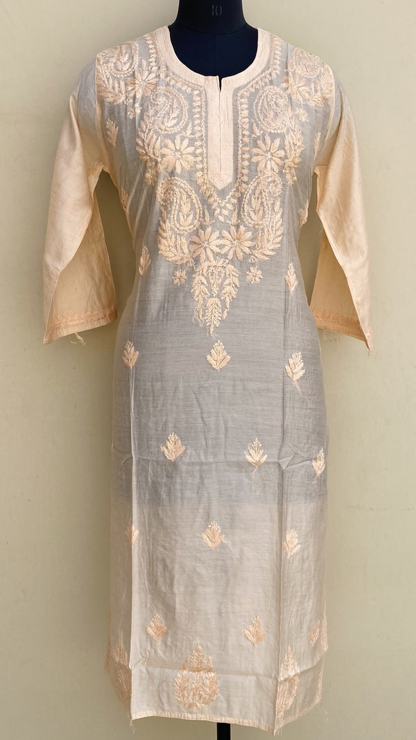 Lucknowi Chikankari Self Kurti Peach Mal Chanderi With 3D Work