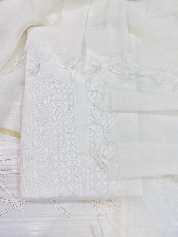 Lucknowi Chikankari Suit Length 2 Piece White Pure Mulmul