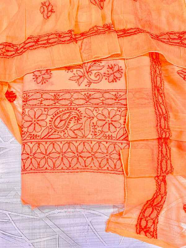 Lucknowi Chikankari Suit Length 3 Piece Orange Cotton