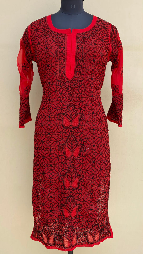Lucknowi Chikankari Kurti Red Georgette With Jaali Work
