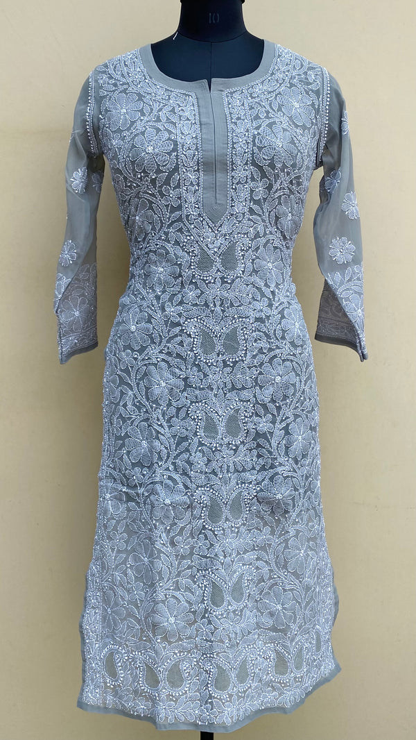 Lucknowi Chikankari Kurti Gray Georgette With Jaali Work