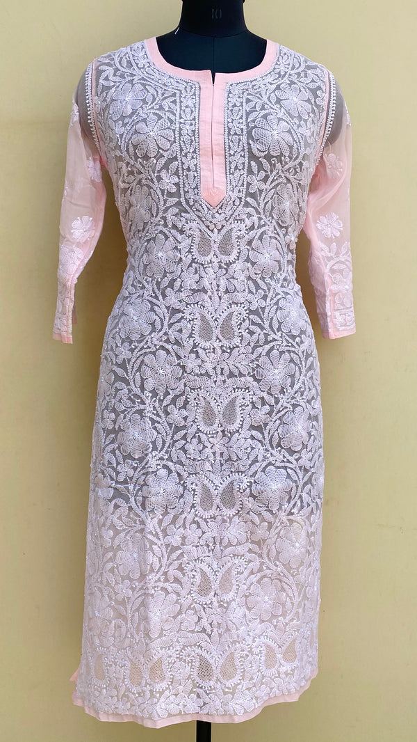 Lucknowi Chikankari Kurti Pink Georgette With Jaali Work