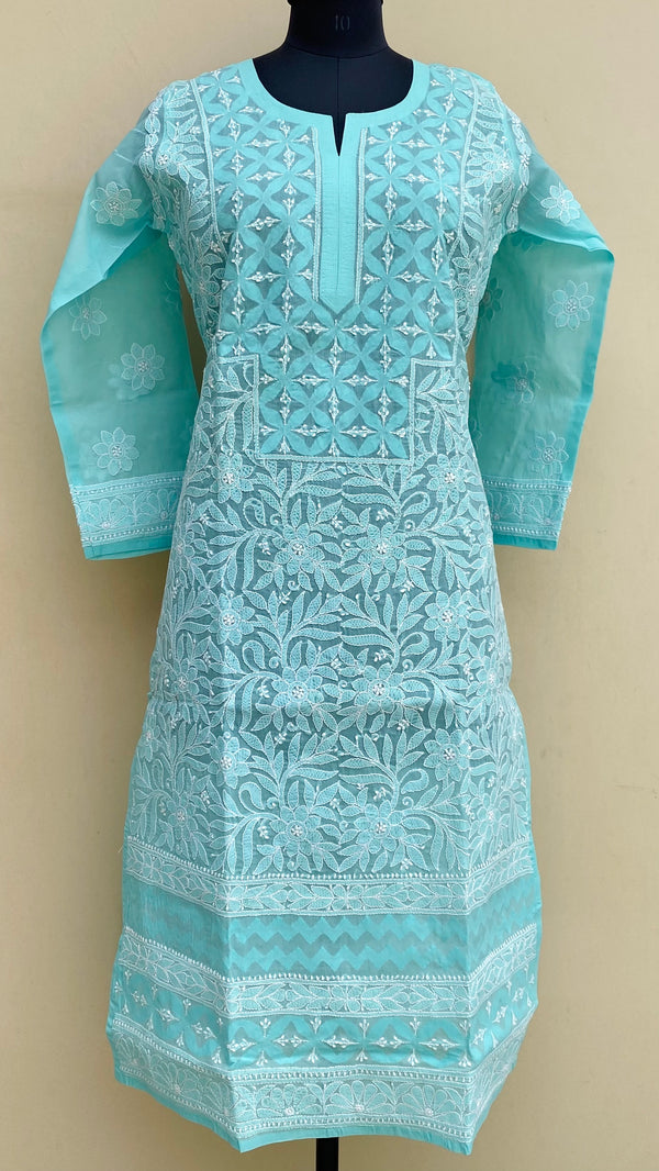 Lucknowi Chikankari Kurti Sea Green Cotton With Applique Work