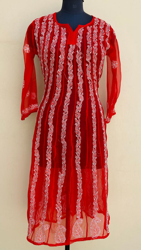 Lucknowi Chikankari Anarkali Kurti Red Georgette