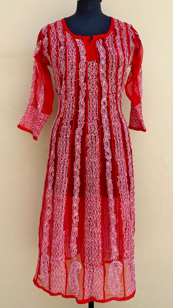 Lucknowi Chikankari Anarkali Kurti Red Georgette