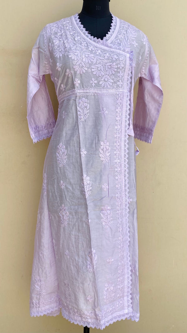 Lucknowi Chikankari Self Angrakha Kurti Purple Mal Chanderi