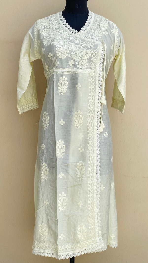 Lucknowi Chikankari Self Angrakha Kurti Lemon Yellow Mal Chanderi