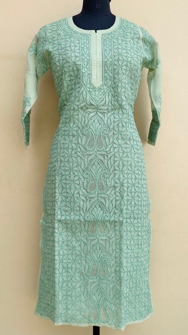 Lucknowi Chikankari Self Kurti Sea Green Cotton With Jaali Work