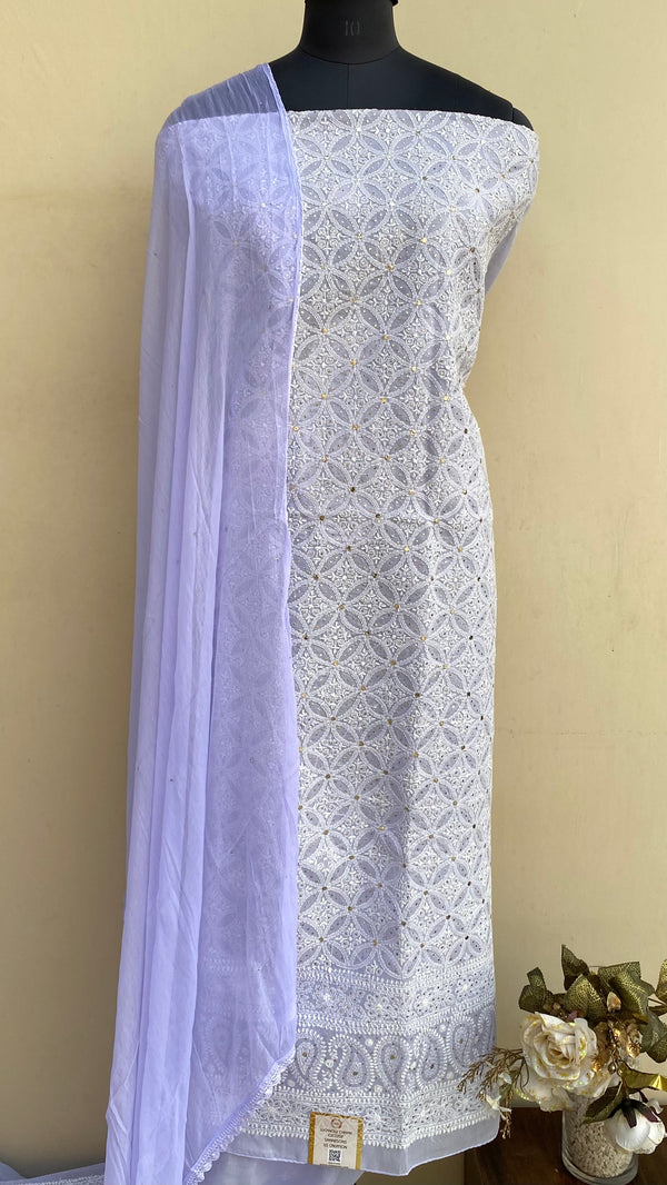 Lucknowi Chikankari Suit Length 3 Piece Purple Cotton With Mukaish Work