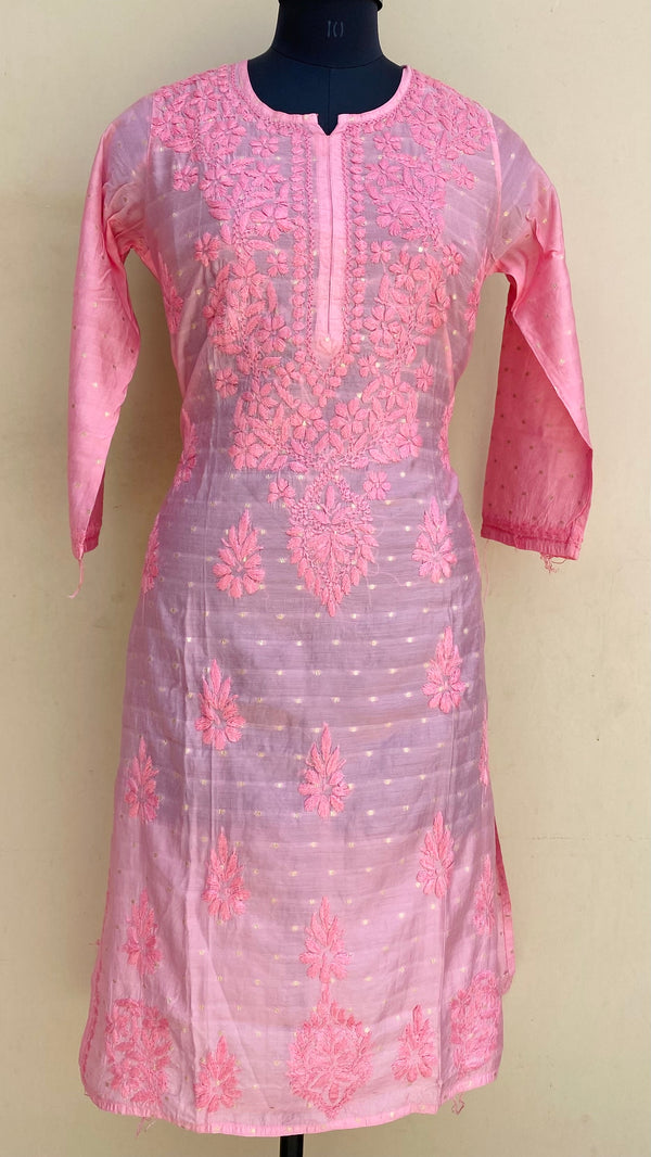 Lucknowi Chikankari Self Kurti Pink Mal Chanderi With 3D Work