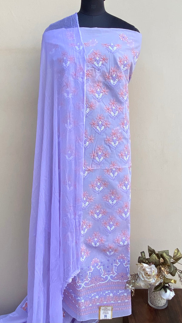 Lucknowi Chikankari Suit Length 3 Piece Purple Cotton With Jaali Work