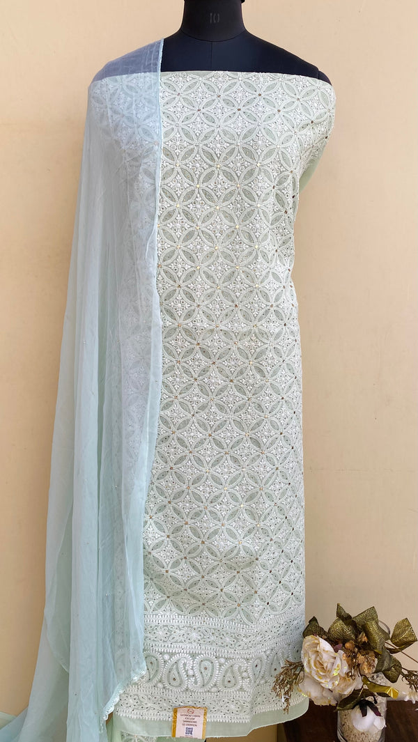 Lucknowi Chikankari Suit Length 3 Piece Teal Green Cotton With Mukaish Work