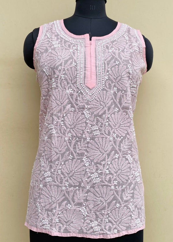 Lucknowi Chikankari Short Kurti Pink Cotton