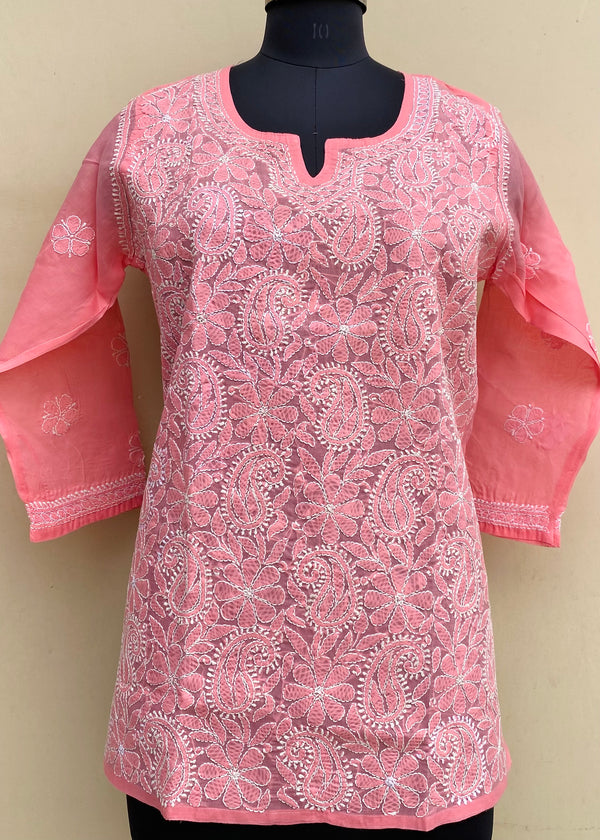 Lucknowi Chikankari Short Kurti Pink Cotton