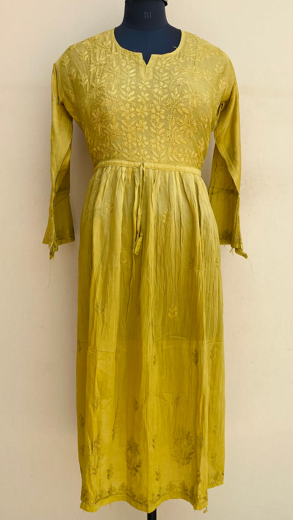 Lucknowi Chikankari Nyra Ombre Self Kurti Mehandi Green Mal Chanderi With 3D Work