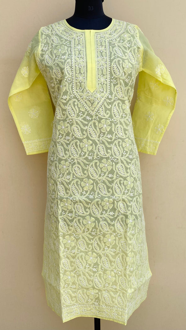 Lucknowi Chikankari Kurti Lemon Yellow Cotton