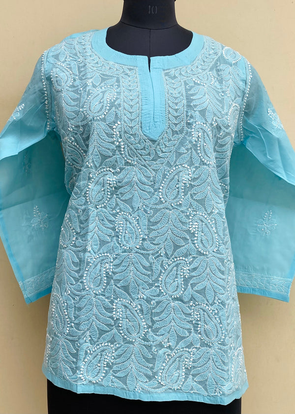 Lucknowi Chikankari Short Kurti Blue Cotton