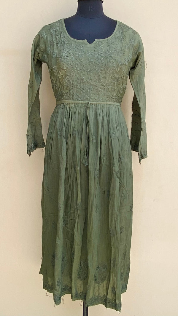 Lucknowi Chikankari Nyra Ombre Self Kurti Mehandi Green Mal Chanderi With 3D Work