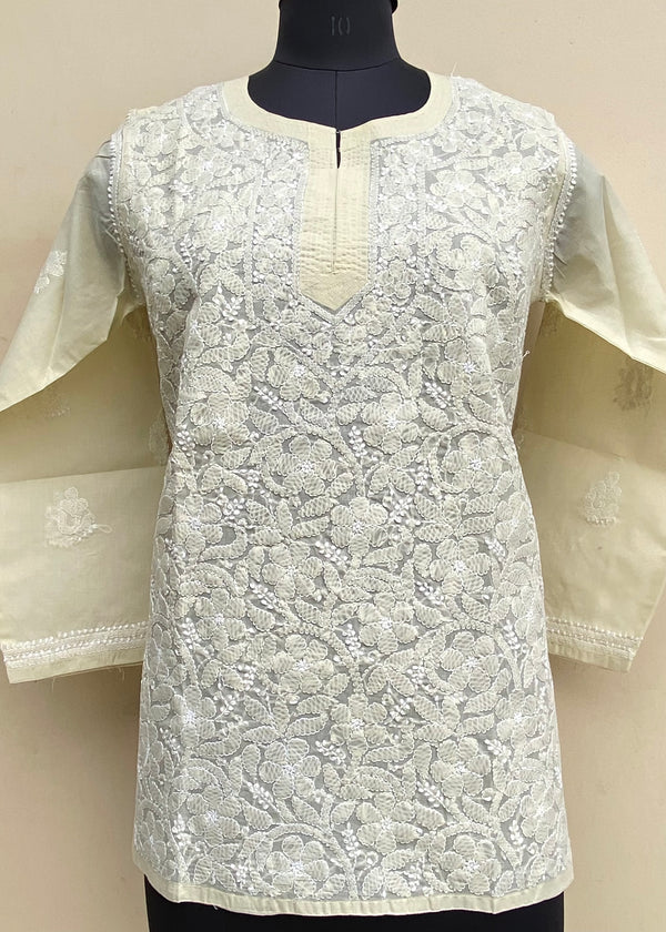 Lucknowi Chikankari Short Kurti Beige Cotton