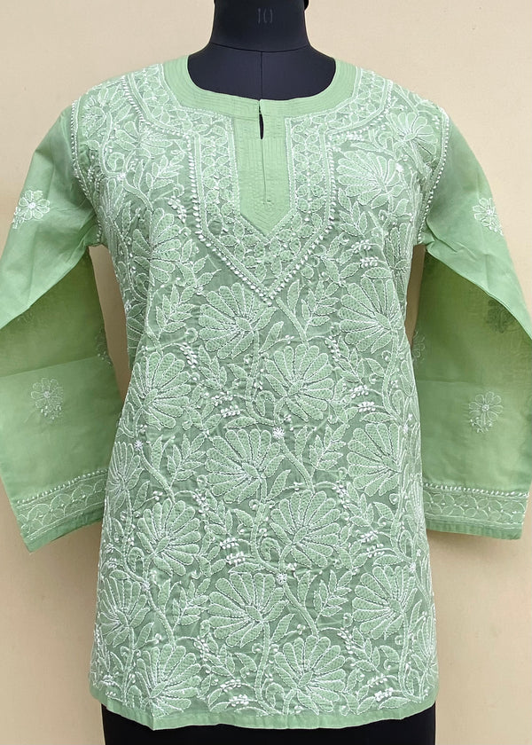 Lucknowi Chikankari Short Kurti Teal Green Cotton